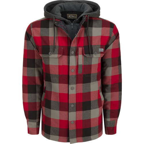The Campfire Flannel Hoodie features a red and black plaid design with an adjustable hood, button snap closure, and multiple pockets for versatile warmth and comfort.