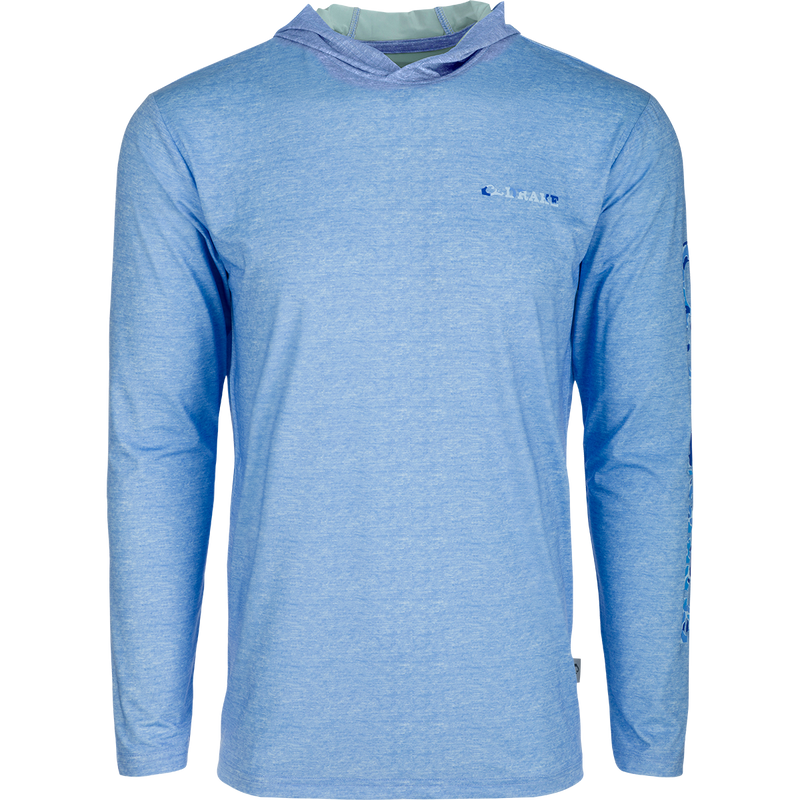 A blue Performance Hoodie with long sleeves and an unconstructed 3-piece hood.