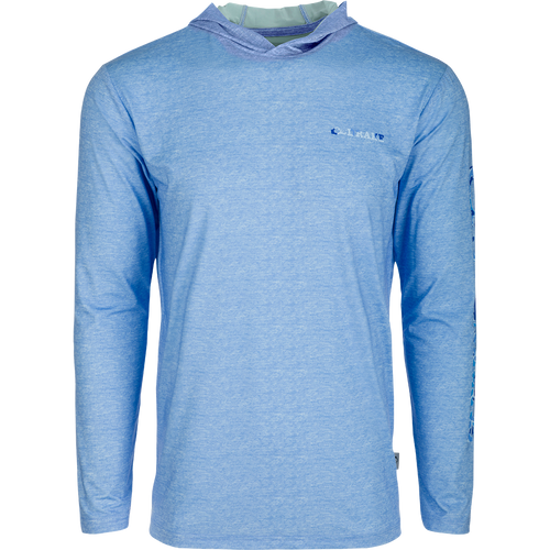 A blue Performance Hoodie with long sleeves and an unconstructed 3-piece hood.