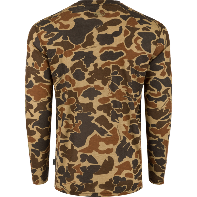 Hunter Creek Bamboo Long Sleeve Crew with a camouflage pattern, showcasing the back of the shirt and its soft, lightweight fabric.