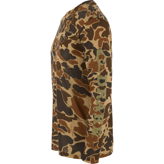 Alt text: Hunter Creek Bamboo Long Sleeve Crew in camouflage pattern, showcasing its lightweight, breathable, and stretchable fabric ideal for year-round hunting and outdoor activities.