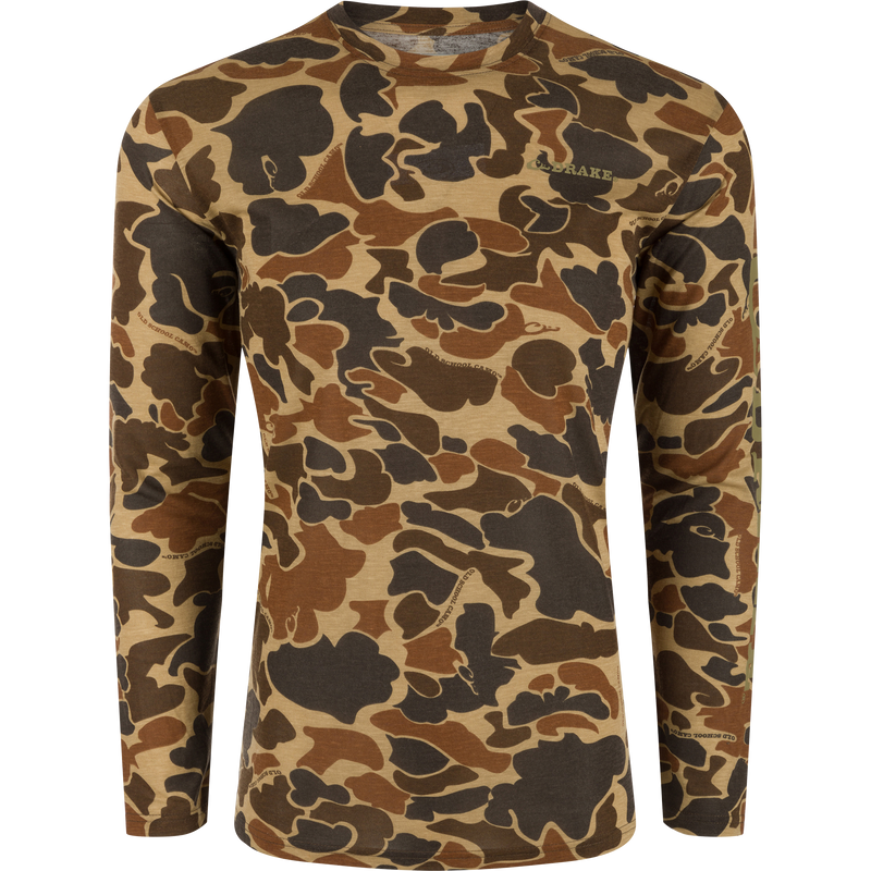 Hunter Creek Bamboo Long Sleeve Crew with a camouflage pattern, featuring built-in stretch and quick-drying fabric for comfort and versatility.