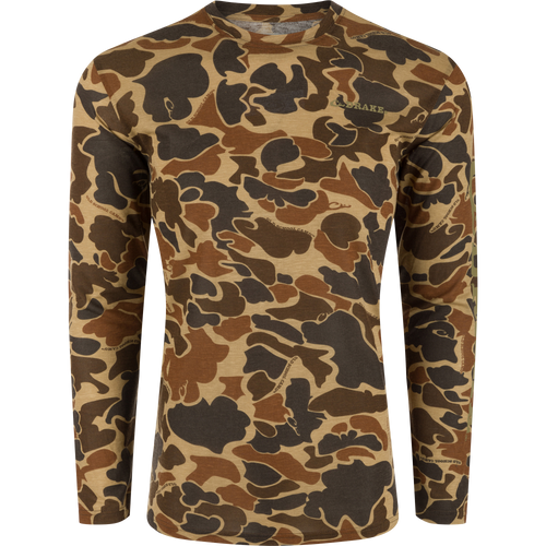 Hunter Creek Bamboo Long Sleeve Crew with a camouflage pattern, featuring built-in stretch and quick-drying fabric for comfort and versatility.