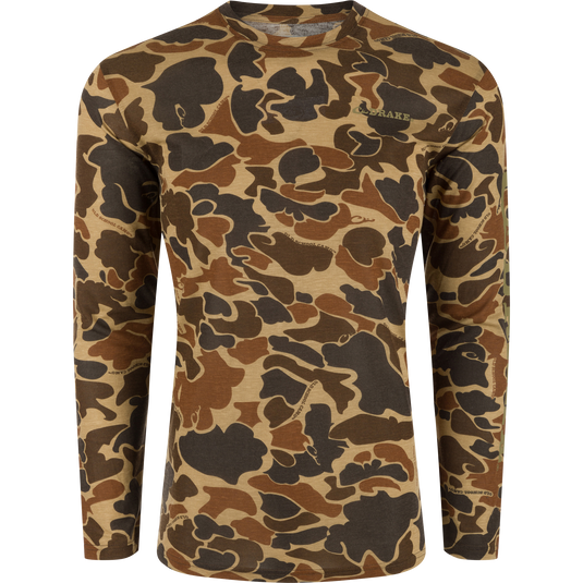 Hunter Creek Bamboo Long Sleeve Crew with a camouflage pattern, featuring built-in stretch and quick-drying fabric for comfort and versatility.