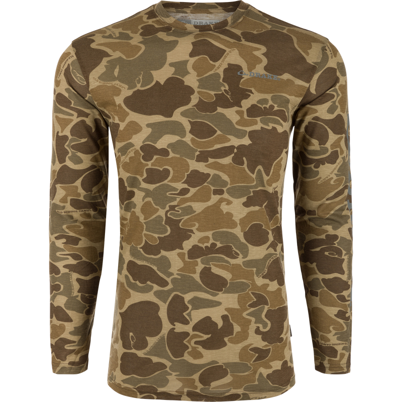 Hunter Creek Bamboo Long Sleeve Crew with a camouflage pattern, featuring lightweight, quick-drying, and odor-resistant fabric, ideal for year-round comfort and outdoor activities.