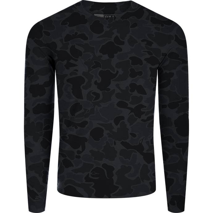 Hunter Creek Bamboo Long Sleeve Crew with black camo pattern, featuring built-in stretch, UPF 20 protection, and quick-drying, breathable fabric.