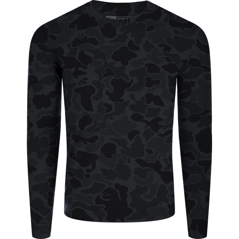 Hunter Creek Bamboo Long Sleeve Crew with black camo pattern, featuring built-in stretch, UPF 20 protection, and quick-drying, breathable fabric.