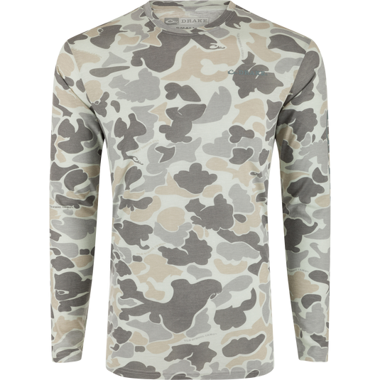 Hunter Creek Bamboo Long Sleeve Crew with a camouflage pattern, featuring built-in stretch, UPF 20 sun protection, and quick-drying, breathable, odor-resistant fabric.