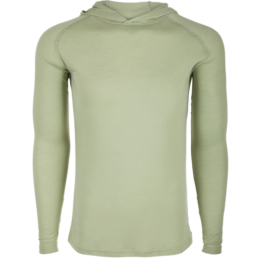 A premium Hunter Creek Bamboo Long Sleeve Hoodie from Drake Waterfowl. Lightweight bamboo blend fabric with UPF 20, odor resistance, and stretch for comfort. Ideal for hunting and outdoor activities.