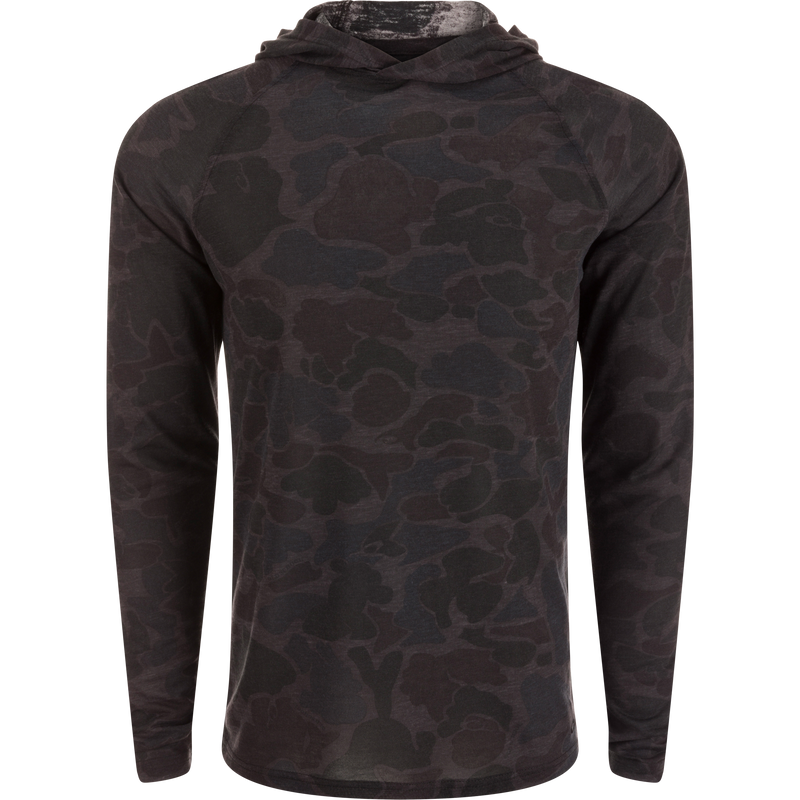 Hunter Creek Bamboo Long Sleeve Hoodie with built-in stretch, breathable fabric, and UPF 20 sun protection, featuring an exclusive Old School Camo pattern.