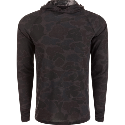 Hunter Creek Bamboo Long Sleeve Hoodie with built-in stretch, breathable fabric, and UPF 20 sun protection, featuring an exclusive Old School Camo pattern.