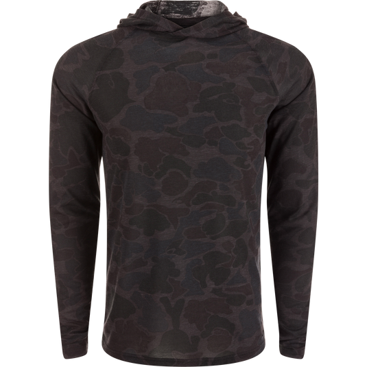 Hunter Creek Bamboo Long Sleeve Hoodie with built-in stretch, breathable fabric, and UPF 20 sun protection, featuring an exclusive Old School Camo pattern.