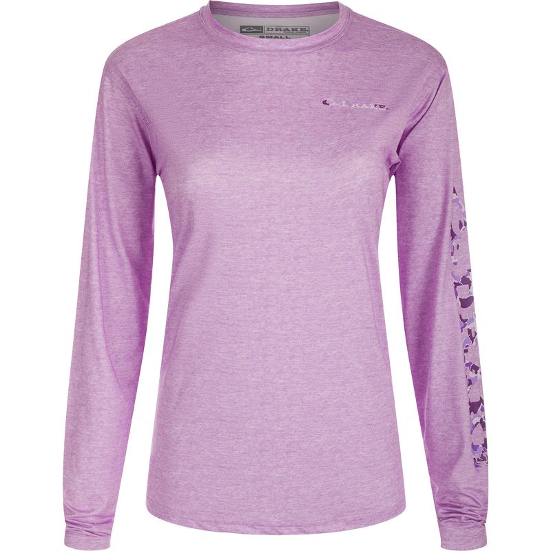 Women's Performance Crew Heather Shirt with long sleeves featuring built-in cooling, UPF 50, moisture-wicking, breathable stretch, and quick-drying fabric.