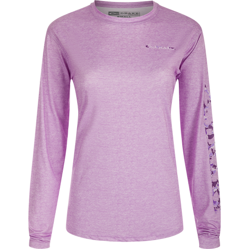 Women's Performance Crew Heather Shirt with long sleeves featuring built-in cooling, UPF 50, moisture-wicking, breathable stretch, and quick-drying fabric.