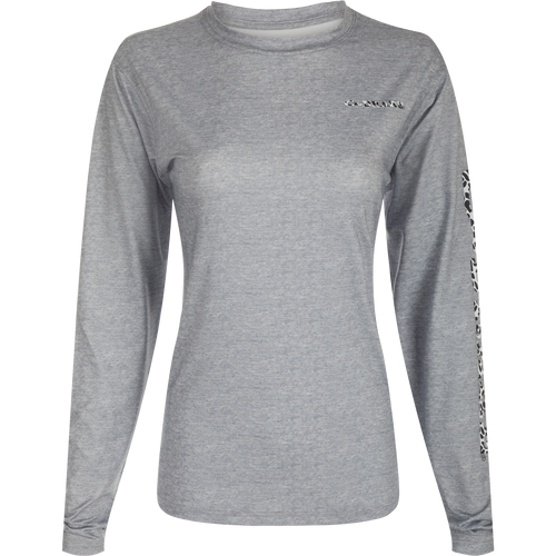 Women's Performance Crew Heather Shirt with long sleeves, featuring lightweight, breathable fabric with built-in cooling and UPF 50 sun protection.