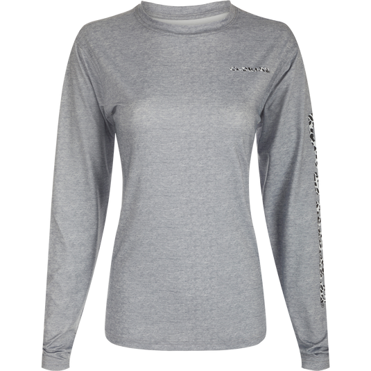 Women's Performance Crew Heather Shirt with long sleeves, featuring lightweight, breathable fabric with built-in cooling and UPF 50 sun protection.