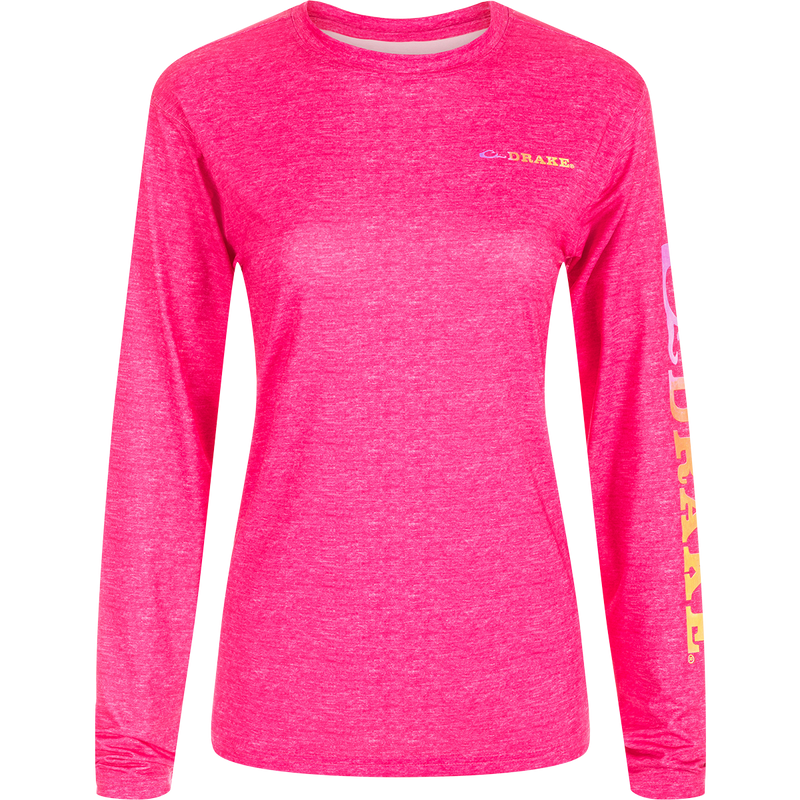 Women's Performance Crew Heather Shirt with long sleeves, featuring lightweight, breathable fabric with built-in cooling, UPF 50 protection, and moisture-wicking properties.