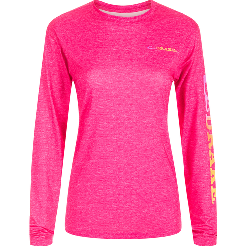 Women's Performance Crew Heather Shirt with long sleeves, featuring lightweight, breathable fabric with built-in cooling, UPF 50 protection, and moisture-wicking properties.