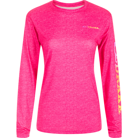 Women's Performance Crew Heather Shirt with long sleeves, featuring lightweight, breathable fabric with built-in cooling, UPF 50 protection, and moisture-wicking properties.