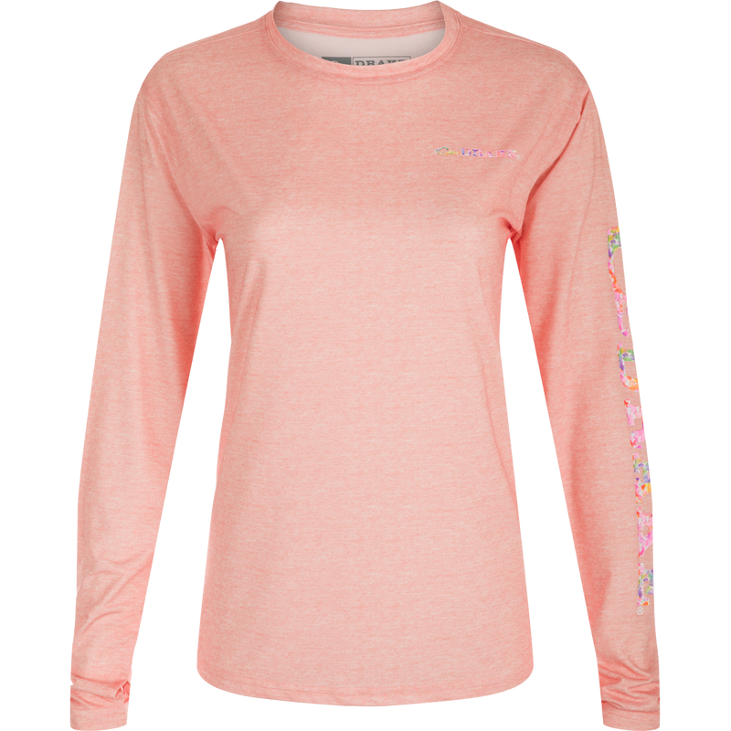 Women's Performance Crew Heather Shirt from Drake featuring long sleeves, lightweight fabric with built-in cooling, UPF 50 protection, moisture-wicking, and quick-drying properties.