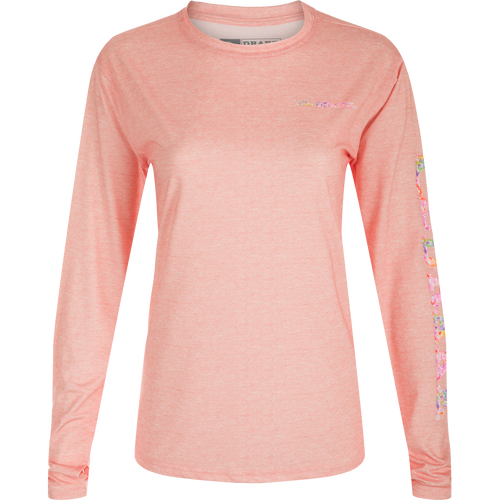 Women's Performance Crew Heather Shirt from Drake featuring long sleeves, lightweight fabric with built-in cooling, UPF 50 protection, moisture-wicking, and quick-drying properties.