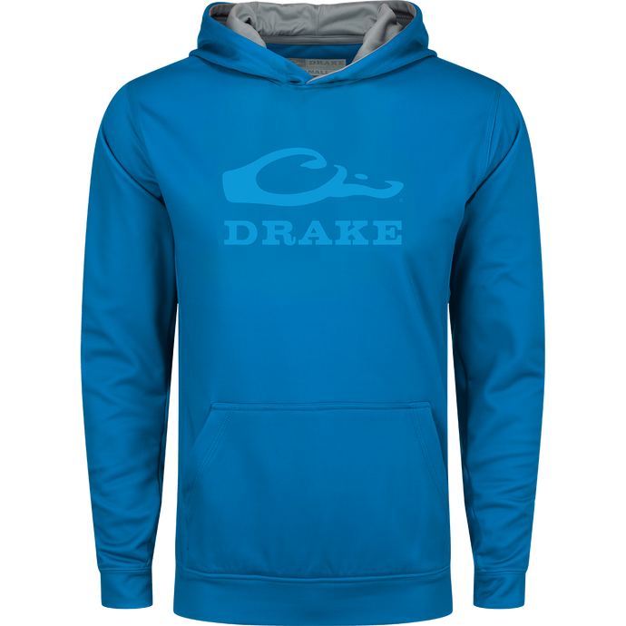 Youth Performance Stacked Hoodie featuring a logo, kangaroo pocket, and adjustable drawstring hood, designed for comfort with 92% polyester and 8% spandex fleece.