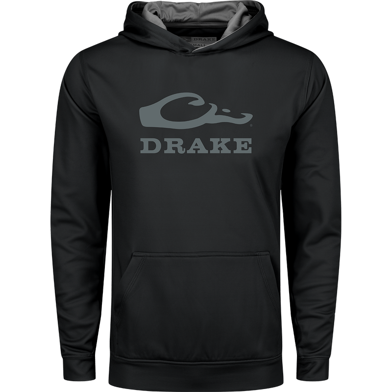 Youth Performance Stacked Hoodie: Black sweatshirt with grey stacked logo, kangaroo pocket, and adjustable drawstring hood. Made of 92% polyester and 8% spandex fleece.