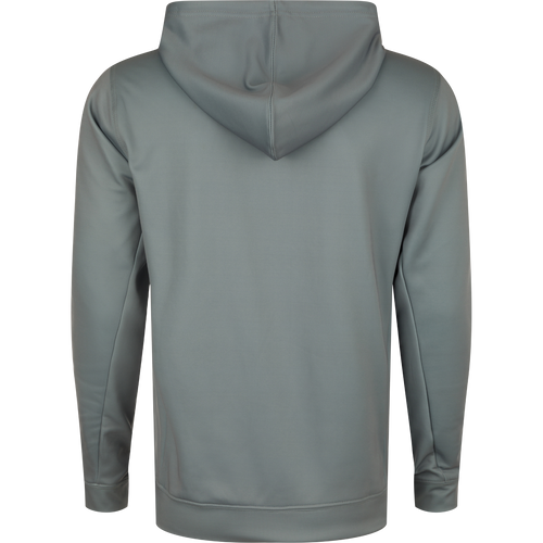 Youth Performance Stacked Hoodie featuring a 3-piece lined hood with adjustable drawstrings, kangaroo pocket, and stretchy 92% Polyester/8% Spandex Fleece material.