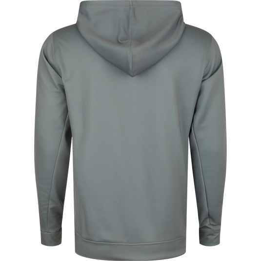 Youth Performance Stacked Hoodie featuring a 3-piece lined hood with adjustable drawstrings, kangaroo pocket, and stretchy 92% Polyester/8% Spandex Fleece material.