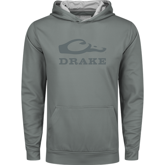 Youth Performance Stacked Hoodie by Drake Waterfowl, featuring a logo, kangaroo pocket, and adjustable lined hood. Made from stretchy polyester-spandex fleece for warmth and durability.