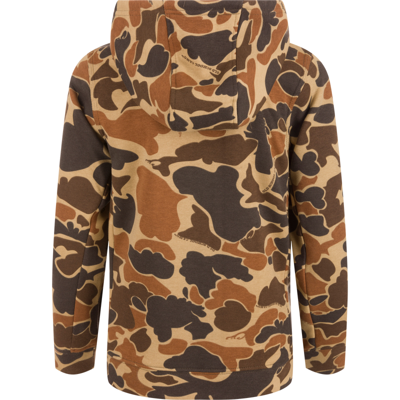 Youth Three End Old School Hoodie featuring a camouflage pattern, kangaroo pocket, and lined 3-piece hood, ideal for layering during cold weather.