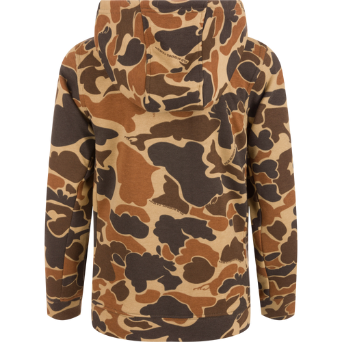 Youth Three End Old School Hoodie featuring a camouflage pattern, kangaroo pocket, and lined 3-piece hood, ideal for layering during cold weather.