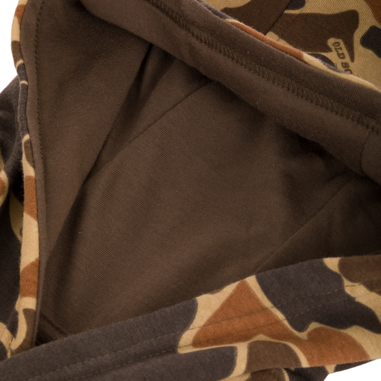 Youth Three End Old School Hoodie with camouflage pattern, featuring a kangaroo pocket and lined 3-piece hood, displayed against a black background.