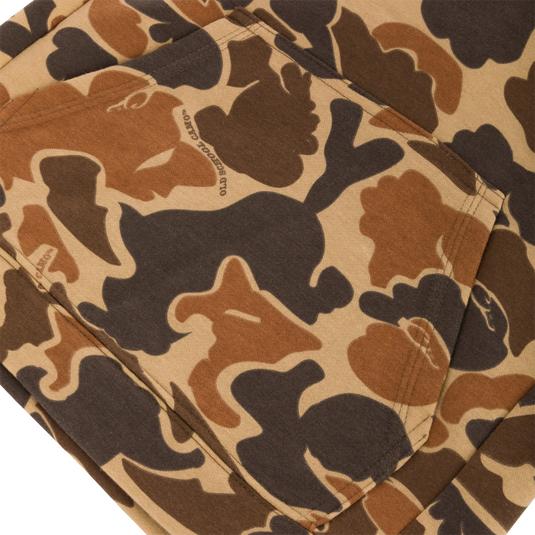 Close-up of the Youth Three End Old School Hoodie featuring camouflage fabric, a kangaroo pocket, and a lined 3-piece hood.