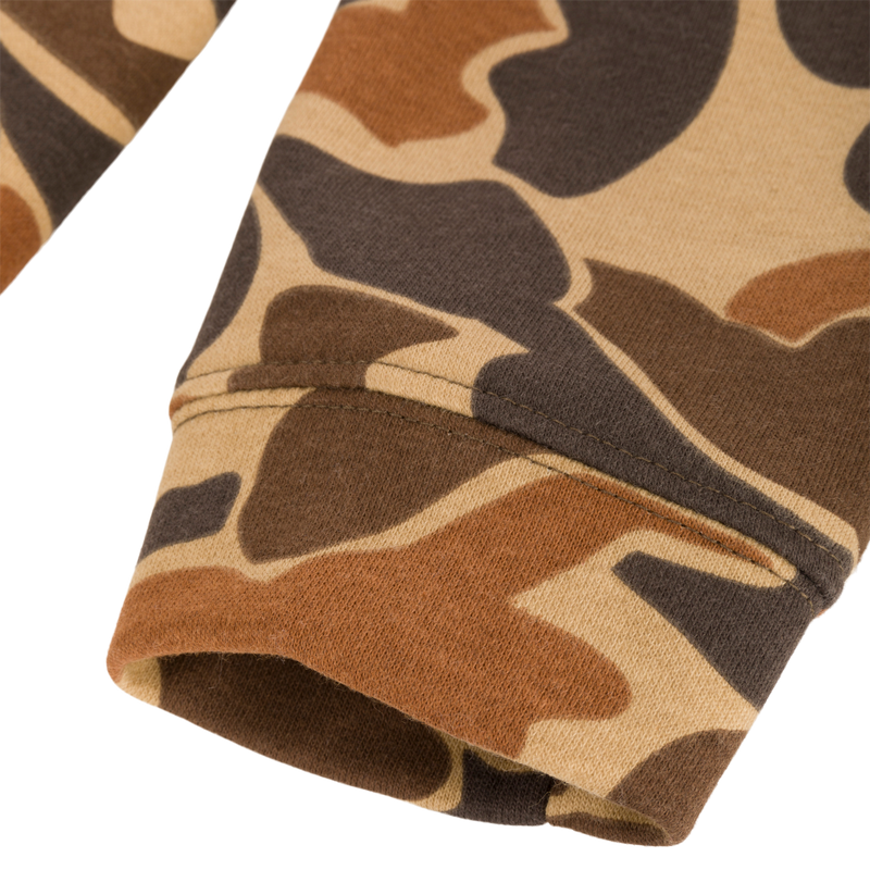 Close-up of the Youth Three End Old School Hoodie featuring a detailed camouflage pattern and a kangaroo pocket.