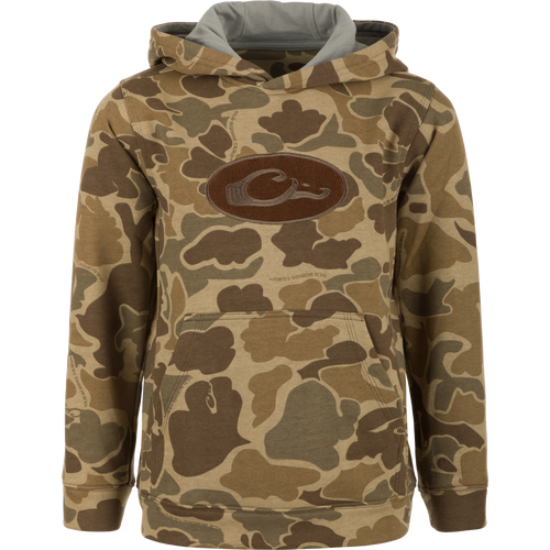 Youth Three End Old School Hoodie with camouflage pattern, featuring a logo, kangaroo pocket, and lined 3-piece hood. Ideal for layering in cool weather.