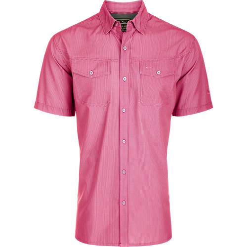 Traveler's Check Button-Down Short Sleeve Shirt featuring a red and white checkered pattern, two chest pockets with button flaps, and a comfortable, moisture-wicking fabric.