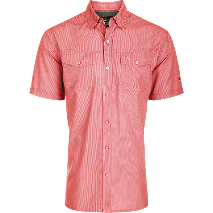 Traveler's Check Button-Down Short Sleeve Shirt with red and white checkered pattern, featuring two chest pockets with button flaps.