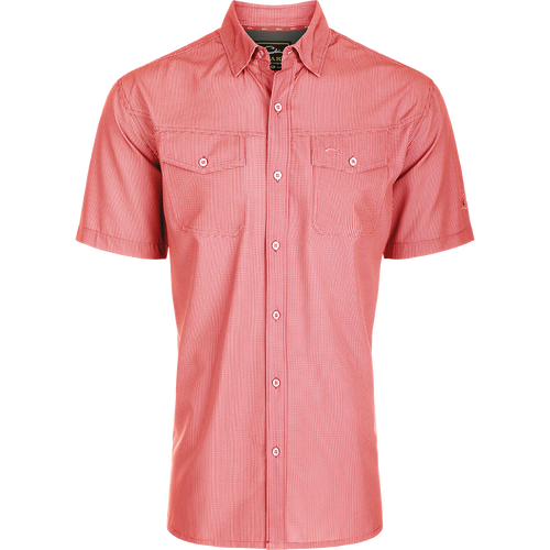 Traveler's Check Button-Down Short Sleeve Shirt with red and white checkered pattern, featuring two chest pockets with button flaps.