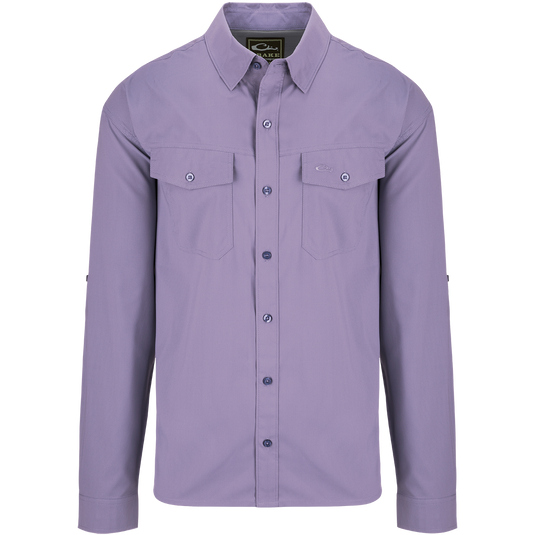 Traveler's Solid Dobby Button-Down Long Sleeve Shirt with hidden button-down collar, two chest pockets, and adjustable roll-up sleeves.