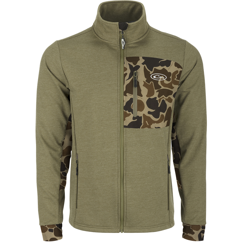 Hybrid Windproof Jacket with camouflage design, features fleece backing, zippered chest and lower pockets, and 4-way stretch cuffs for added comfort and functionality.