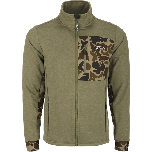 Hybrid Windproof Jacket with camouflage design, features fleece backing, zippered chest and lower pockets, and 4-way stretch cuffs for added comfort and functionality.