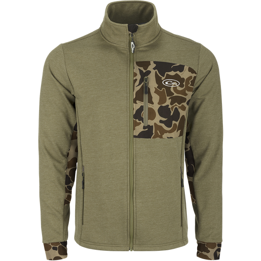 Hybrid Windproof Jacket with camouflage design, features fleece backing, zippered chest and lower pockets, and 4-way stretch cuffs for added comfort and functionality.