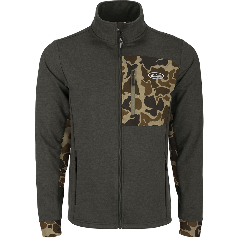 Hybrid Windproof Jacket with camouflage design, featuring a functional left chest pocket, zippered lower pockets, and fleece backing for warmth. Ideal for cool fall days.