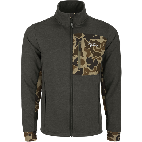 Hybrid Windproof Jacket with camouflage design, featuring a functional left chest pocket, zippered lower pockets, and fleece backing for warmth. Ideal for cool fall days.