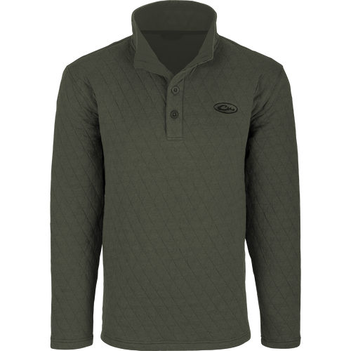 A Delta Quilted Sweatshirt, a long-sleeved green shirt with a button front. Ideal for outdoor activities in cooler weather, it features a fleece lining and cotton shell fabric. Perfect for checking trail cams or setting up a food plot.