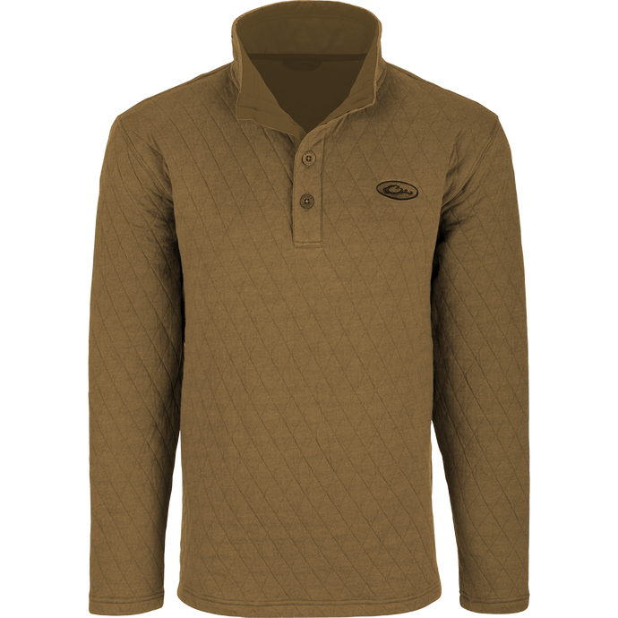 A brown long-sleeved Delta Quilted Sweatshirt with button front, perfect for outdoor activities in cooler weather. Features 4-way stretch and square check fleece backing.