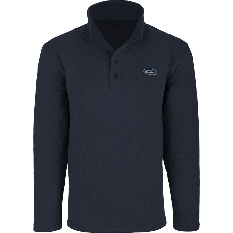 Delta Quilted Sweatshirt with long sleeves and button front, featuring fleece backing for warmth and 4-way stretch for active outdoor use.