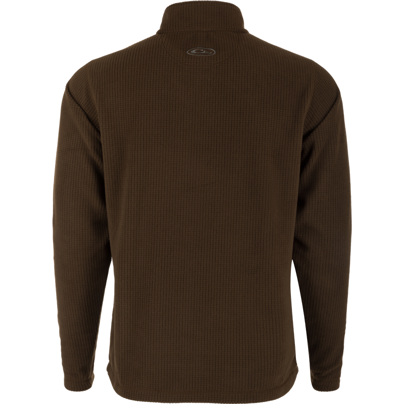 A brown sweater with a logo on the back, the Fall River Grid Fleece Half-Zip Pullover by Drake. Made of 100% Polyester Grid Fleece, featuring water resistance, built-in stretch, and a YKK zippered chest pocket.