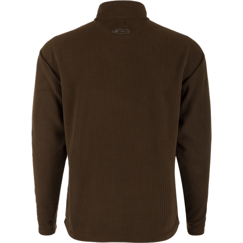 A brown sweater with a logo on the back, the Fall River Grid Fleece Half-Zip Pullover by Drake. Made of 100% Polyester Grid Fleece, featuring water resistance, built-in stretch, and a YKK zippered chest pocket.